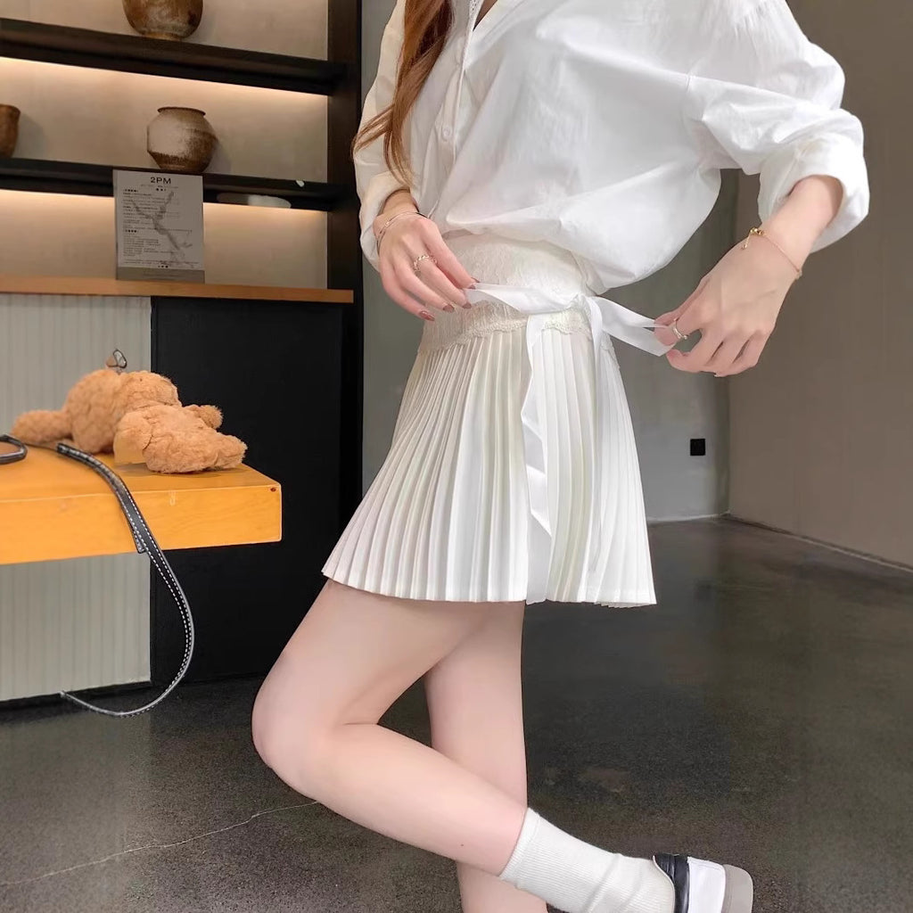 Lace Trim Skirt Women High Waist Pleated Skirt White Mini Skirt Ballet Style Pleated Skirt