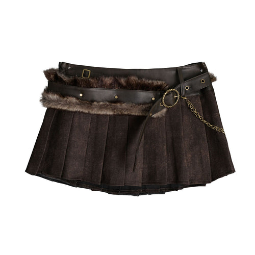 Splicing waist belt pleated mini skirt