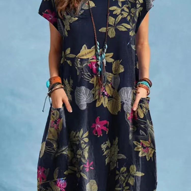 Style Printed Cap Sleeve Round Neck Patch Pocket A-line Dress