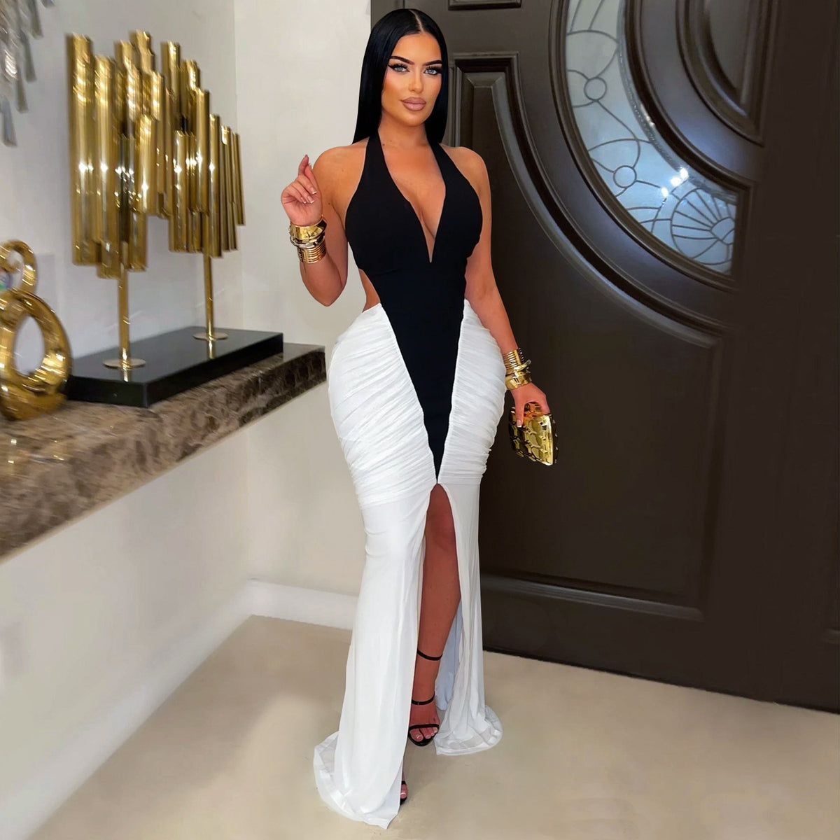 Fashionable Women's Sexy V-Neck Sleeveless Backless Split Dress