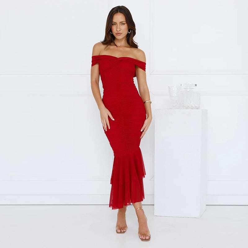 One shoulder double-layer fish tail hem women's pleated dress - tif-shop24.de