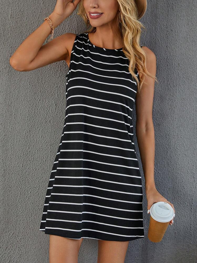 Stylish Stripe Dress Casual Home Mid-Length A-Line Dress Loose Round Neck Breathable Sleeveless Dress