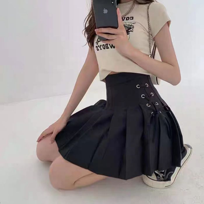 Campus Style Tie Waist Pleated Skirt, High Waist Slim Fit, Pure Color A-Line Mini Skirt, Casual Summer Sporty Look