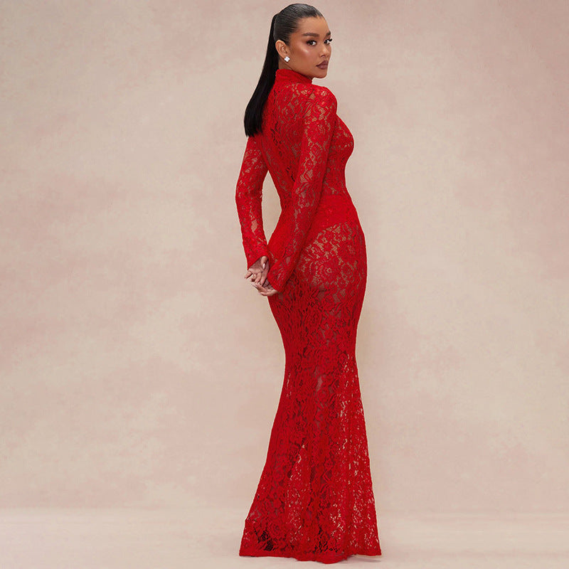 Mesh Lace High Neck Long Sleeve Women's Slim Fit Dress