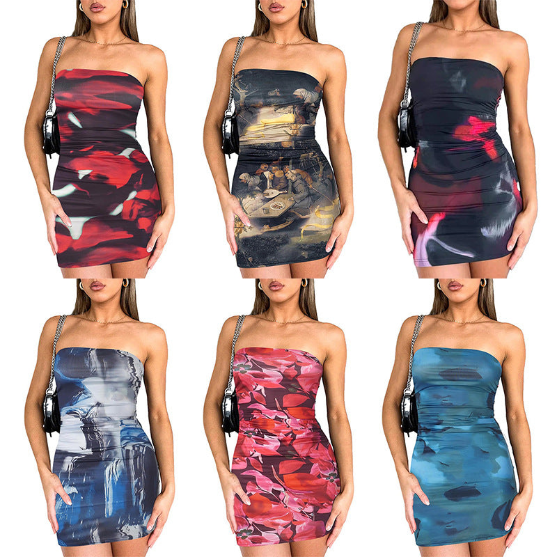 Printed Strapless Bodycon Stretch Sexy Dress for Women