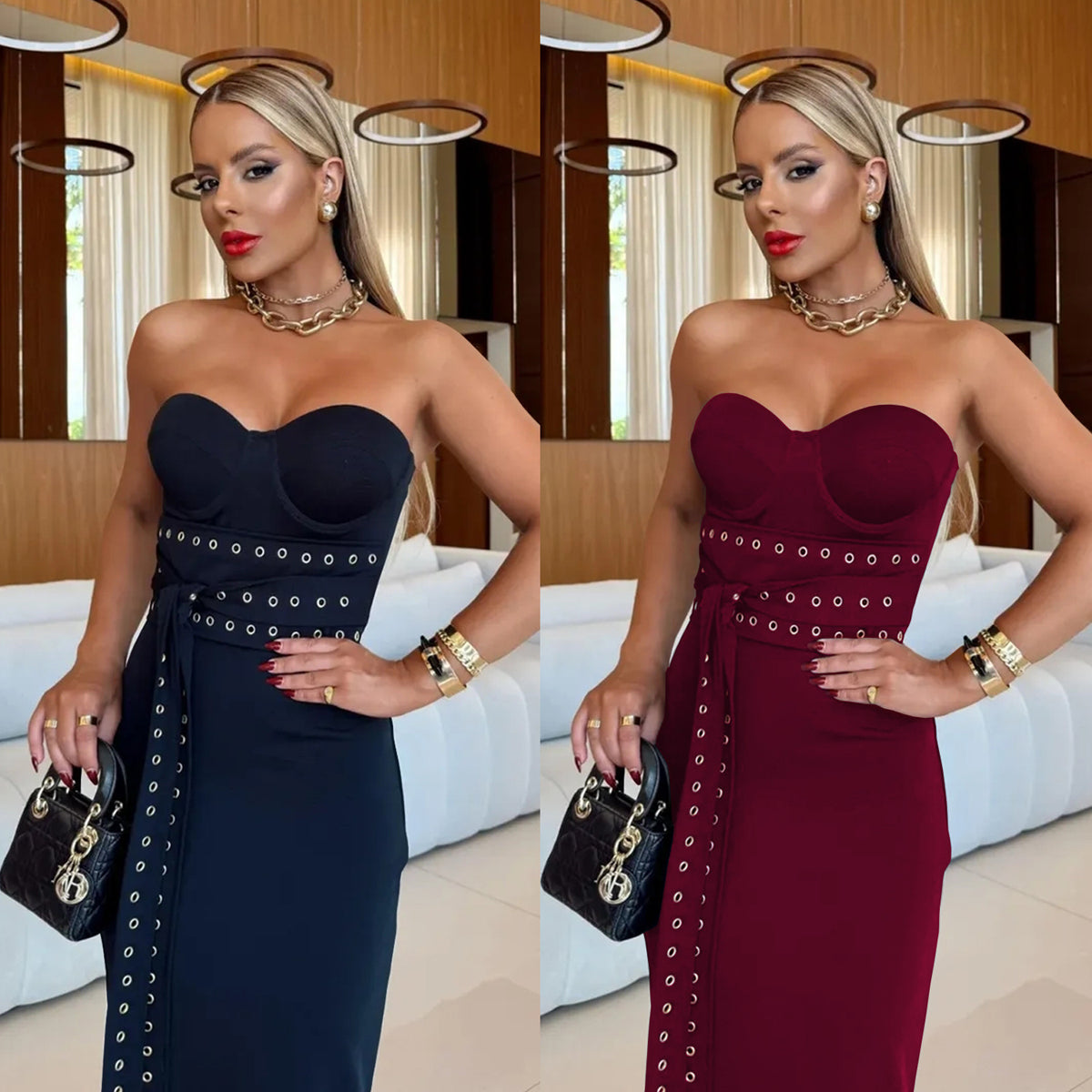Fashion Women's Sexy Strapless Tie-up Eyelet Fitted Dress