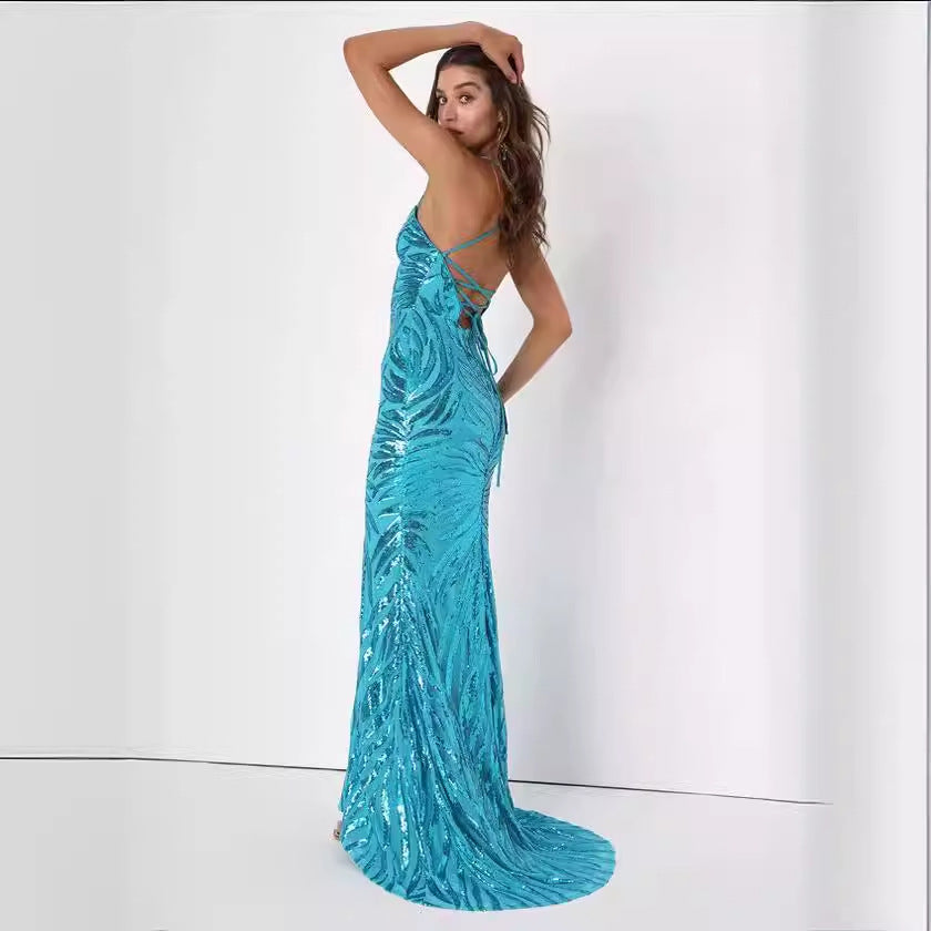 Women's Party Sequined Sexy Dress in strahlendem Himmelblau mit glitzernden Pailletten und eleganter Silhouette.