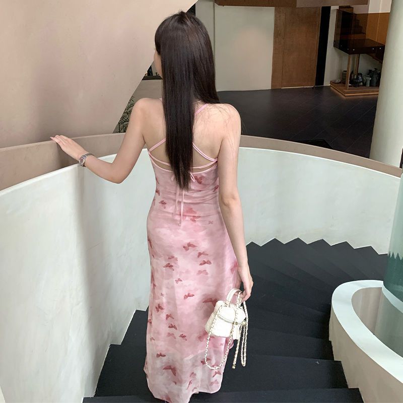 Pink Fairy-Like Butterfly Mesh Dress with Print, Swing Neckline, Strap, Printed Bow, Sweet and Romantic Mid-Length Dress