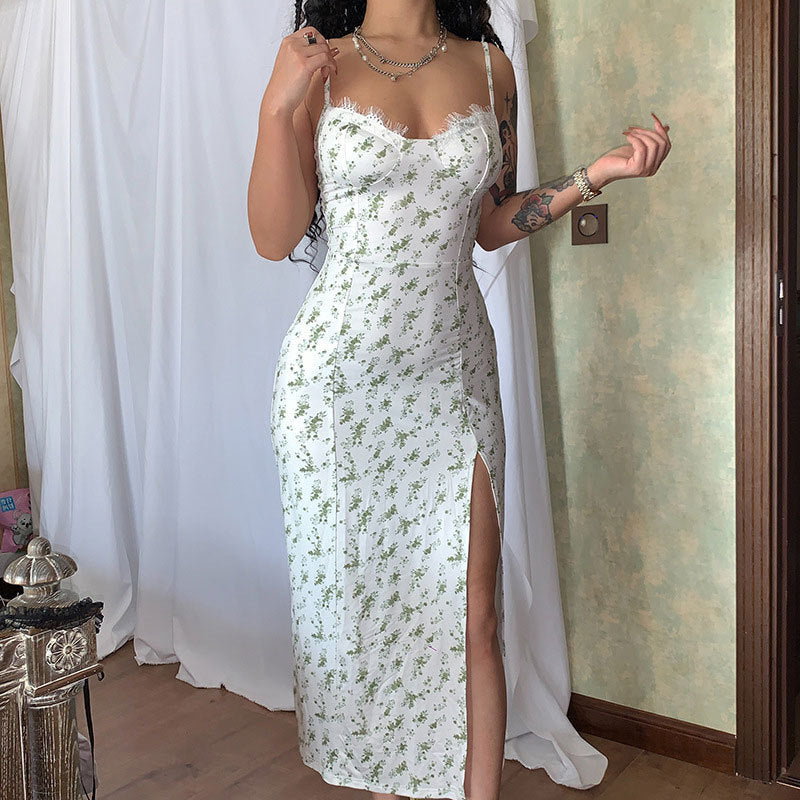 Sexy Fitted Strapless Split Lace Trim Bodice Floral Print Dress