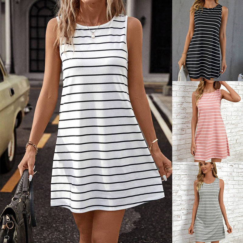 Stylish Stripe Dress Casual Home Mid-Length A-Line Dress Loose Round Neck Breathable Sleeveless Dress