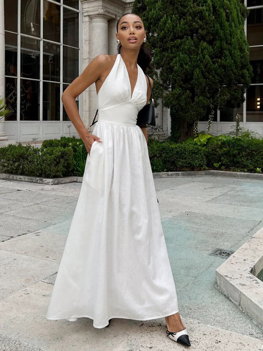 Chic Deep V-Neck Bodice Tie-Back Backless Long Dress for Women