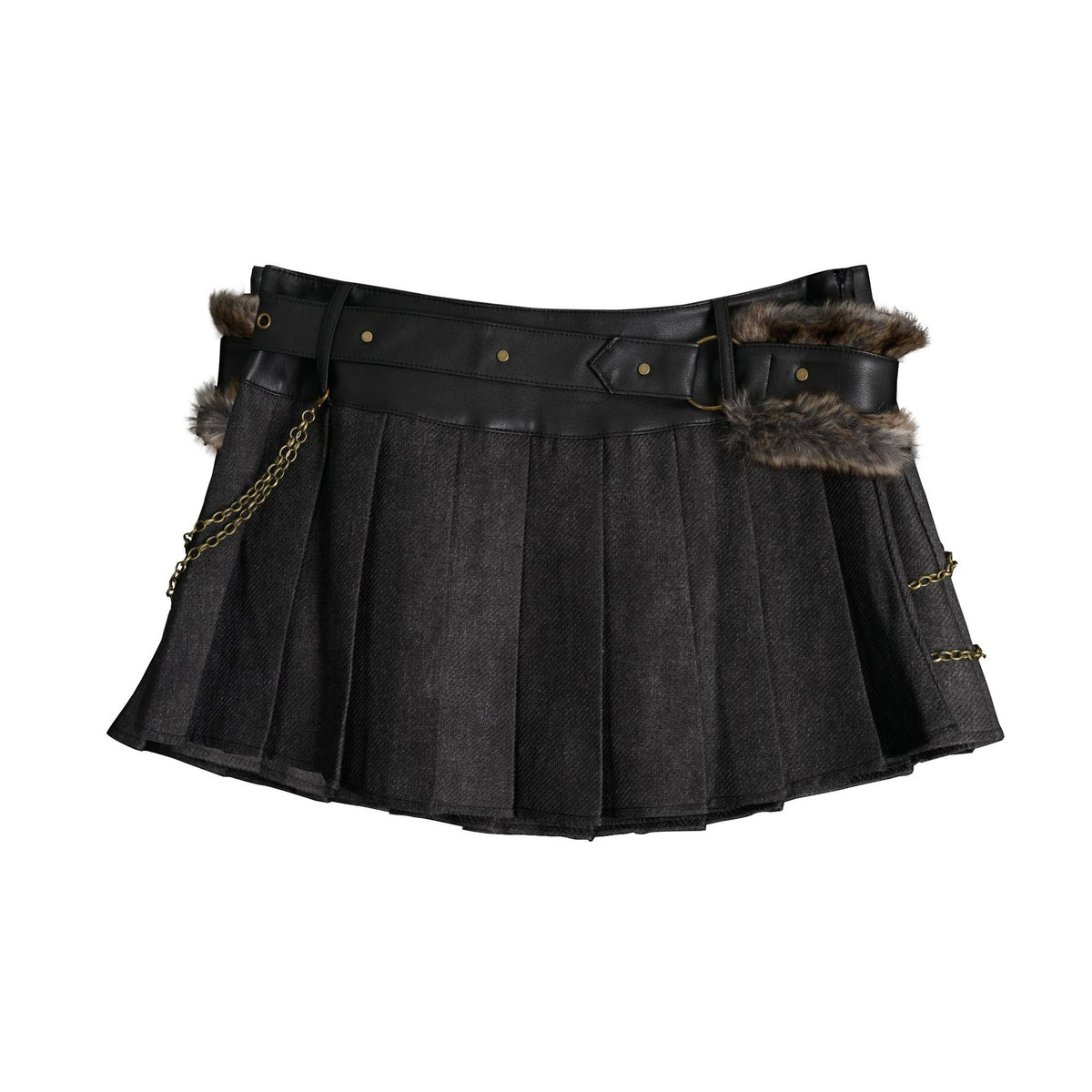 Splicing waist belt pleated mini skirt