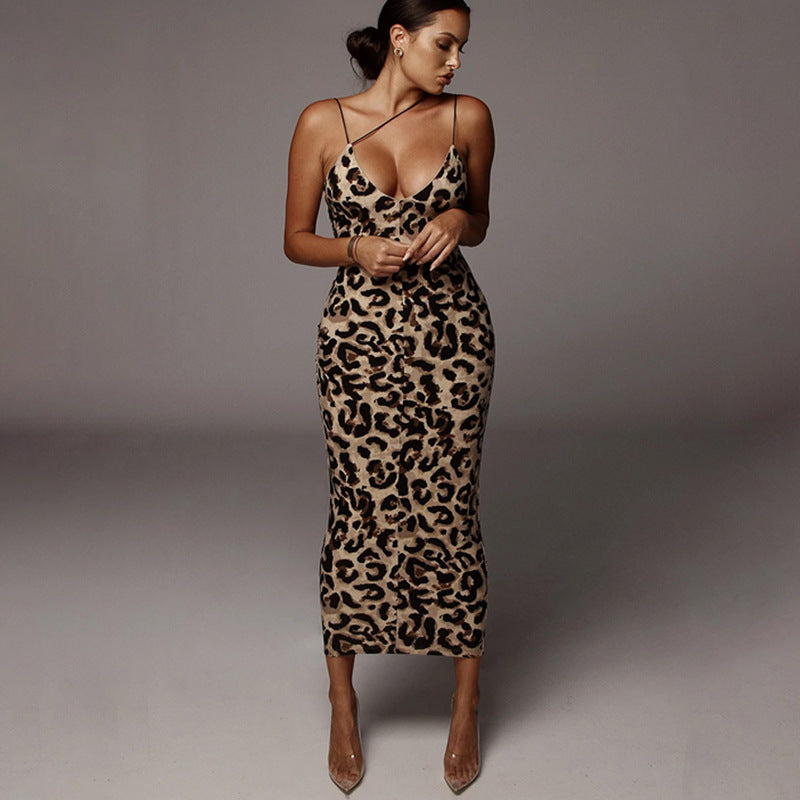 Women's Backless Long Deep V-Neck Animal Print Strap Dress