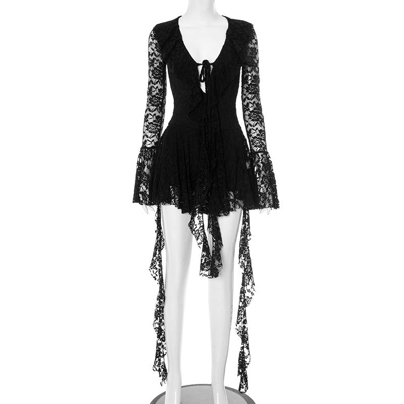 Sexy Lace Ribbon Tie Long Sleeve Flared Sleeve Women's Dress,