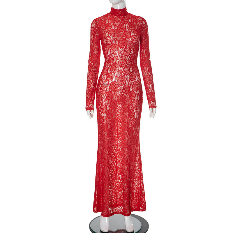 Mesh Lace High Neck Long Sleeve Women's Slim Fit Dress