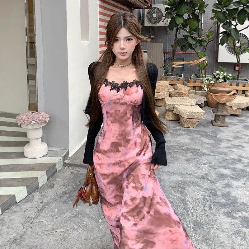 Romantic Lace Patchwork Tie-Dye Strap Dress Set for Women, Summer Lightweight Sun Protection Cardigan, Sweet and Spicy Fitted Long Dress