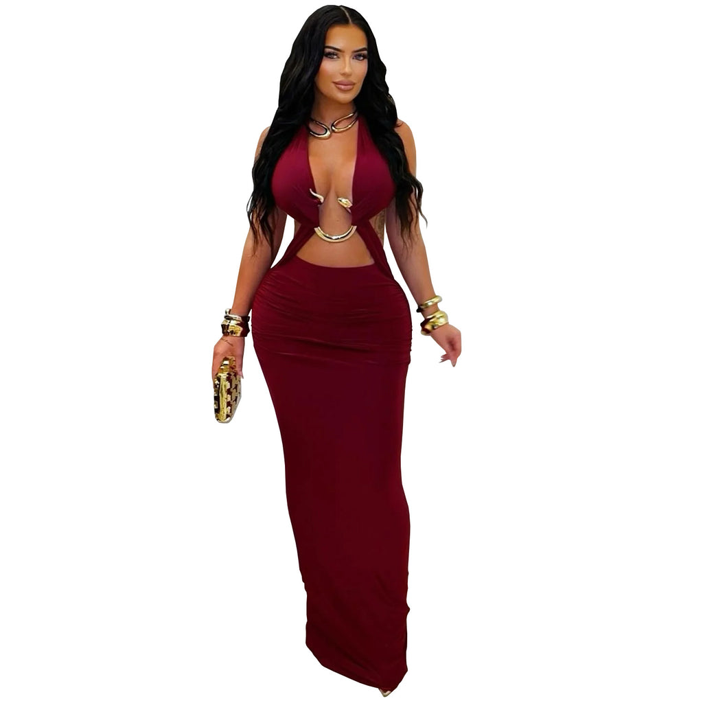 Fashionable Women's Sexy Fitted Solid Color Tie-Up Sleeveless Dress