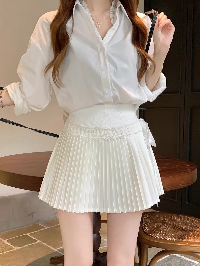 Lace Trim Skirt Women High Waist Pleated Skirt White Mini Skirt Ballet Style Pleated Skirt