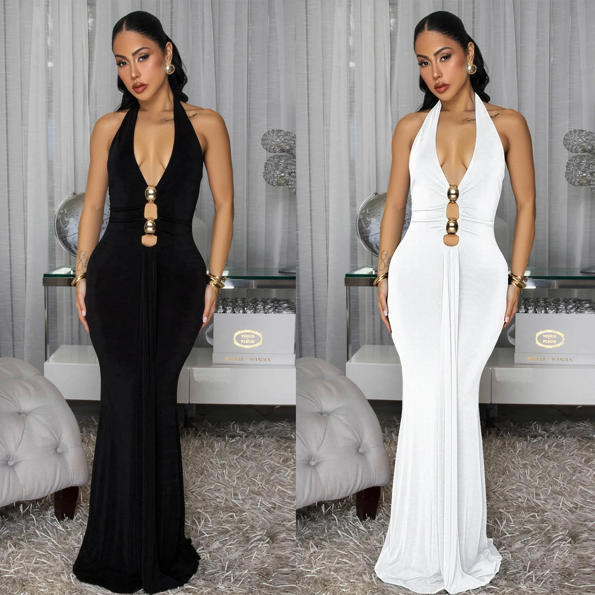 Fashion Women's Sexy Backless Halter Deep V Neck Solid Color Dress