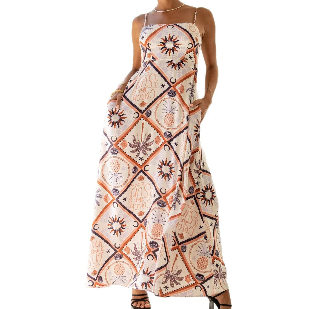 Sommerträger Abstrakter Fliesenmuster Langes Kleid Bohemien