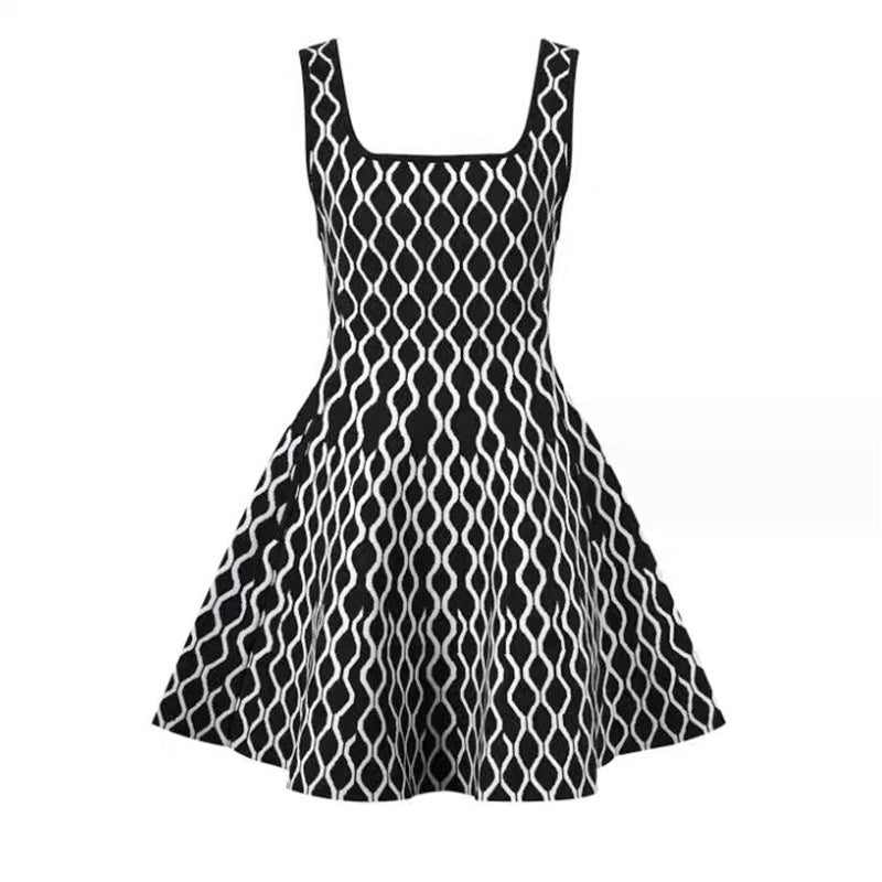 Water Ripple Pattern Sleeveless Strap Neckline A-line Waist-cinching Dress