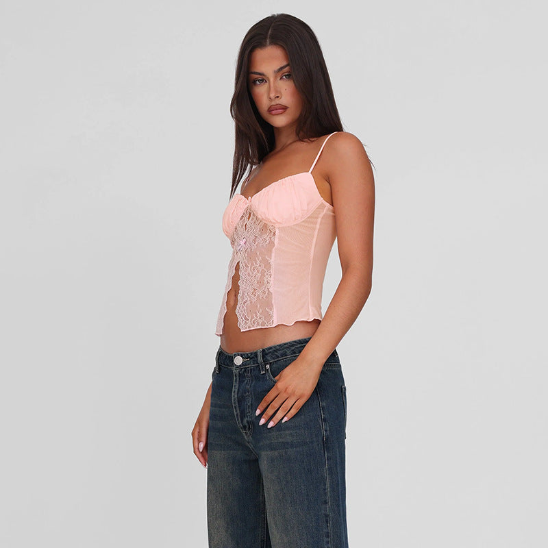 Lace patchwork sexy slit camisole vest for women