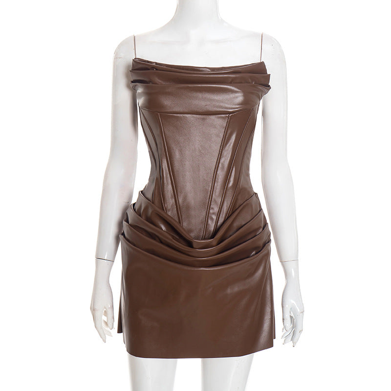 Women's Autumn Pure Color Sexy PU Pleated Corset Bustier A-Line Dress