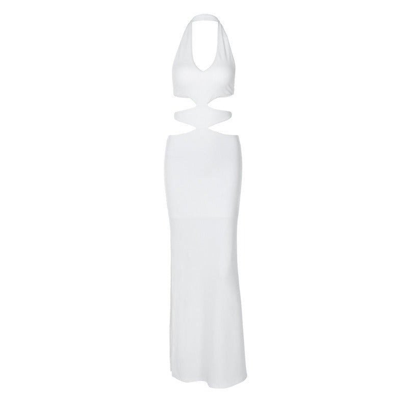 Fashionable and sexy backless slit neck hanging sleeveless dress