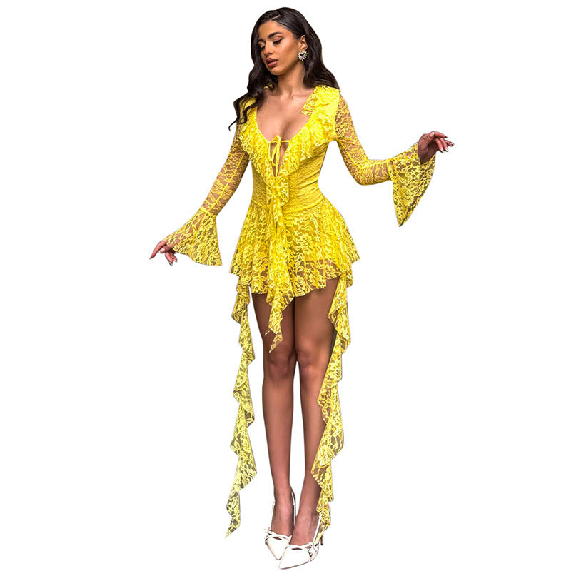 Sexy Lace Ribbon Tie Long Sleeve Flared Sleeve Women's Dress,