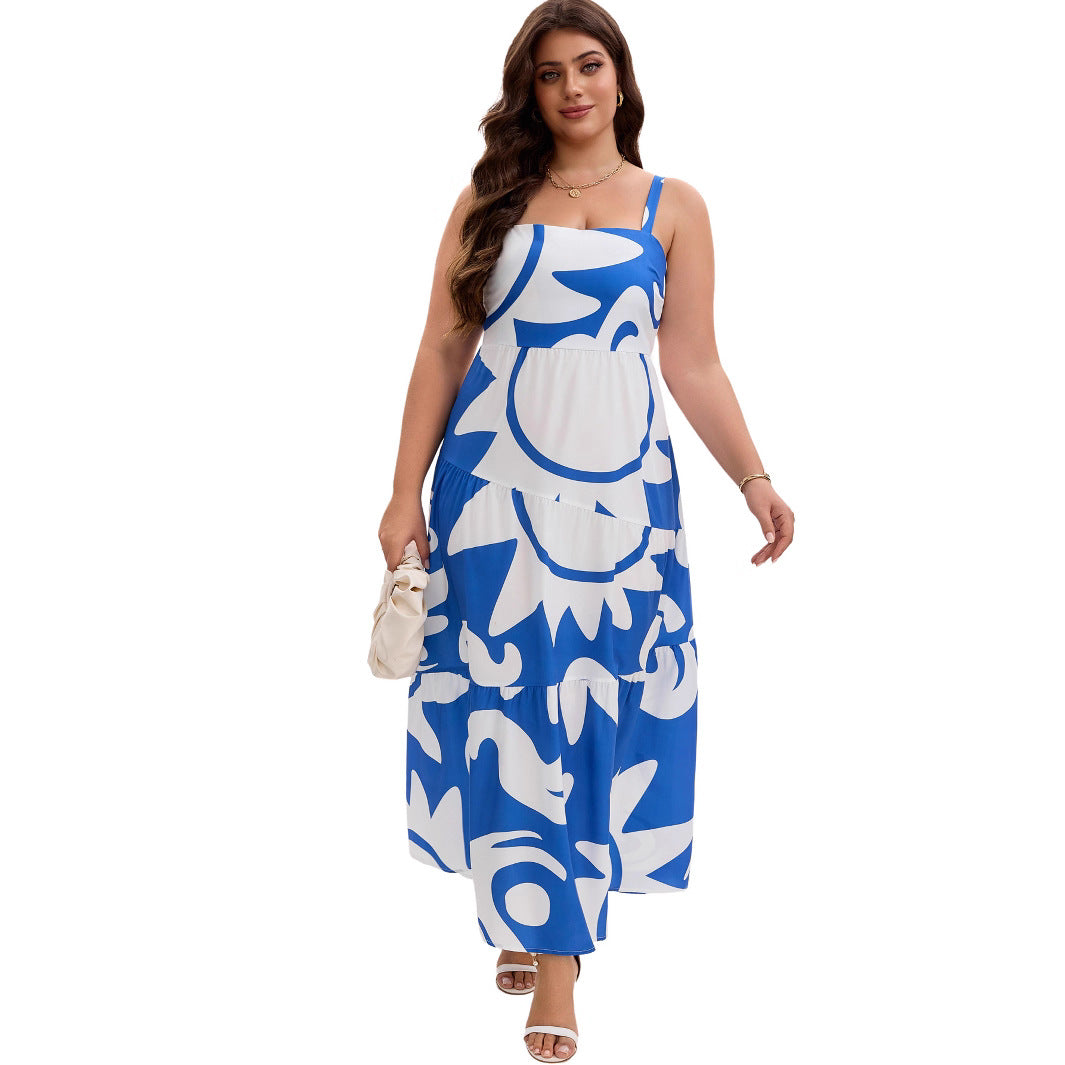 Geometric Print Layered Maxi Strap Dress for Women - Casual Vacation Style, Loose Fit, Oversized Design