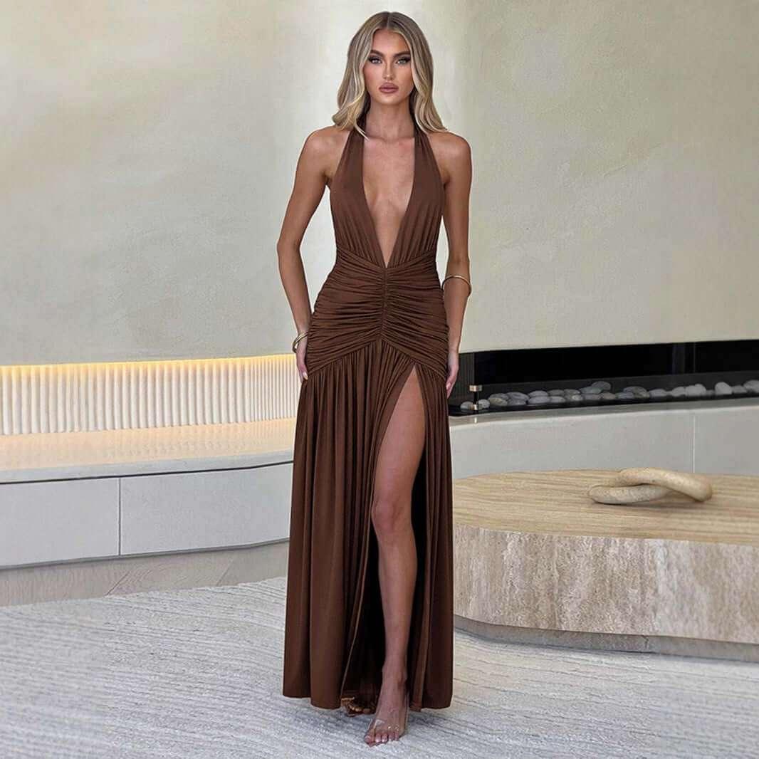 Slimming V-neck Hot Girl Solid Color Hanging Neck Split Dress - tif-shop24.de