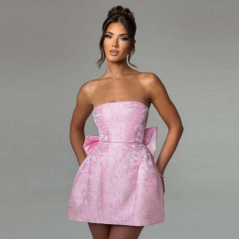 Jacquard strapless bow mini dress for women - tif-shop24.de