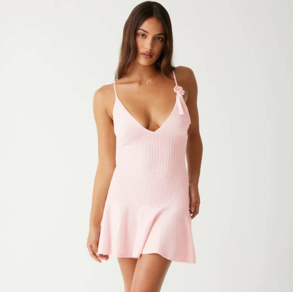 Flower Knit Rabbit Fur Strap Dress Women Summer Fashion Sleeveless Floral Pattern Mini Dress