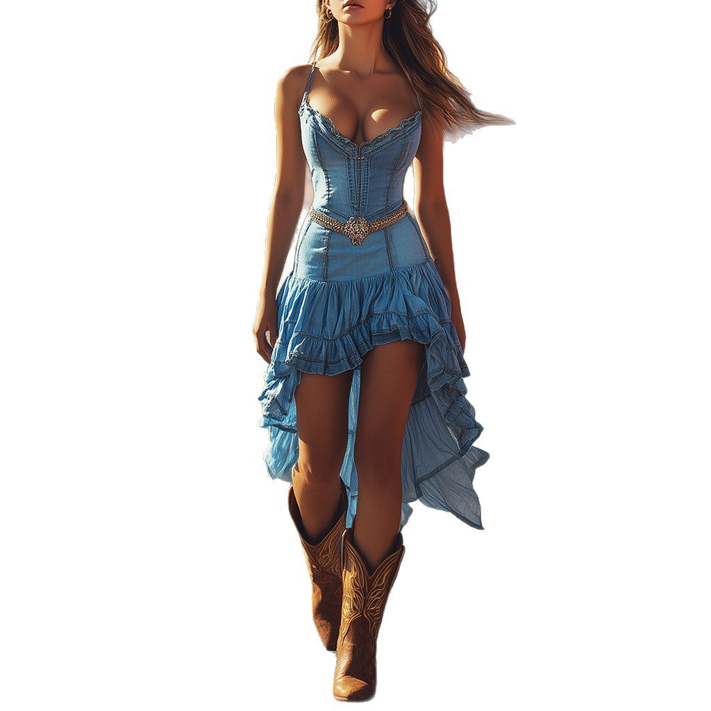 Retro Western Countryside Style Ruffle Midi Dress for Women