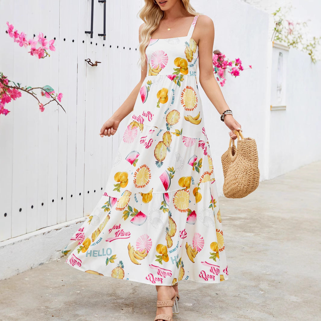Real Shot Fruit Sun Beach Vacation Casual Print Strapless Dress Summer Bohemian Long Dress