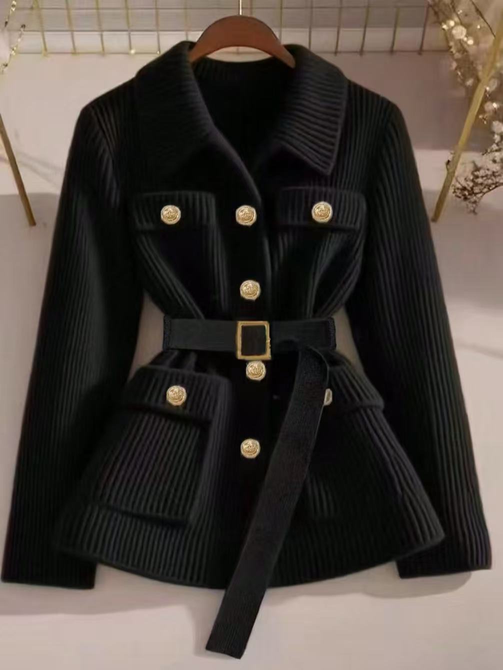Elegant Casual Solid Color Knit Cardigan with Belt Thickened Women's Sweater Coat