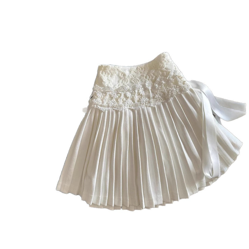 Lace Trim Skirt Women High Waist Pleated Skirt White Mini Skirt Ballet Style Pleated Skirt