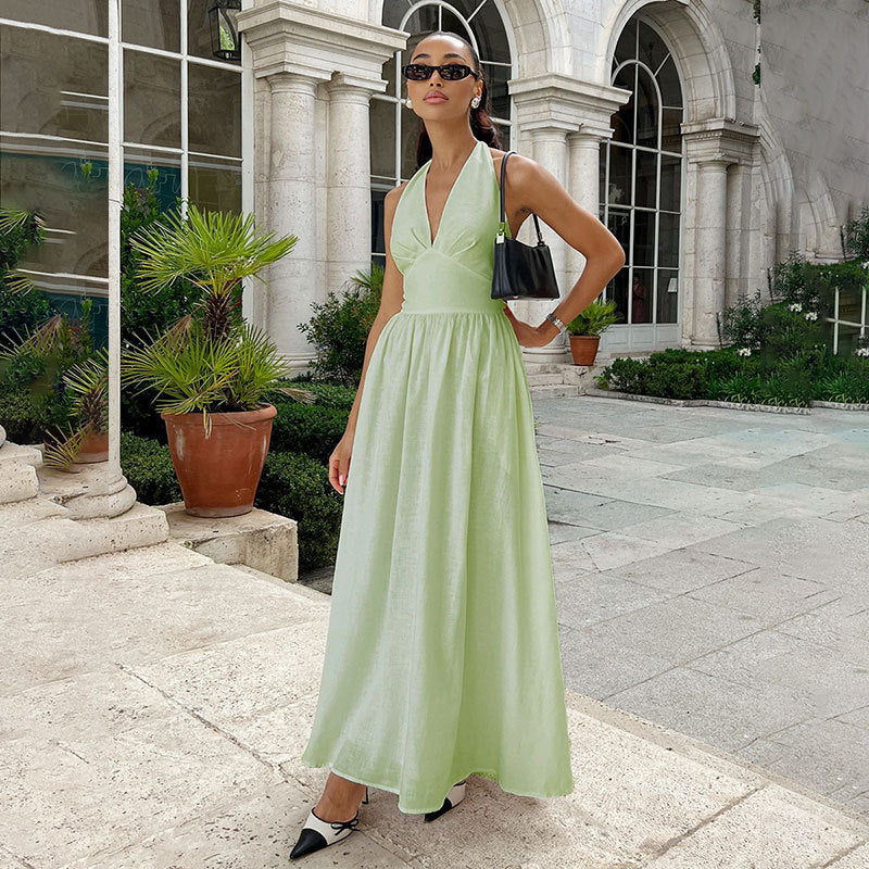 Chic Deep V-Neck Bodice Tie-Back Backless Long Dress for Women