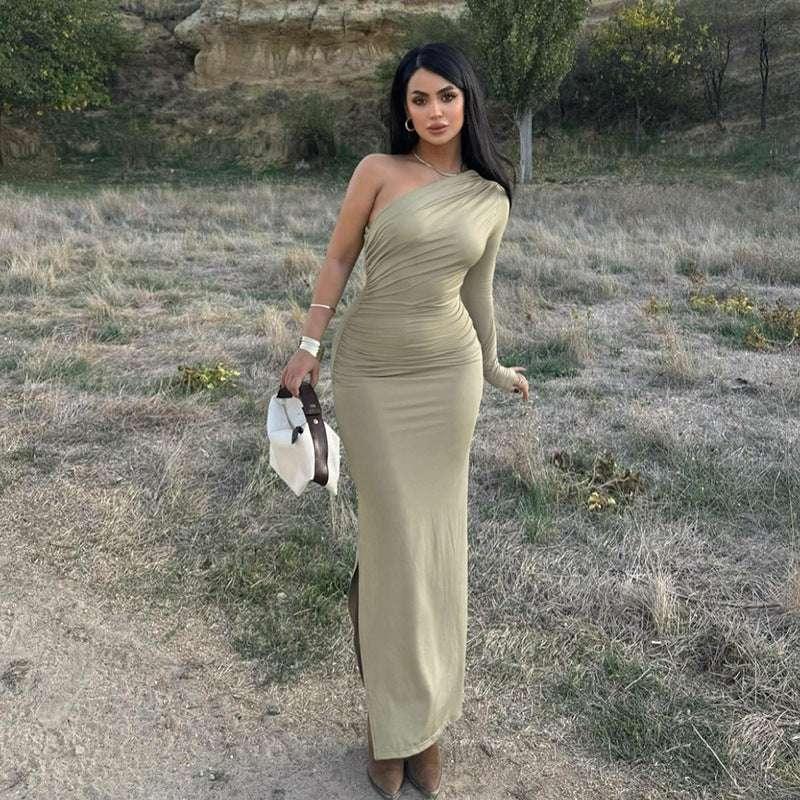 Women's slim sloping shoulder pleated single sleeve dress - tif-shop24.de