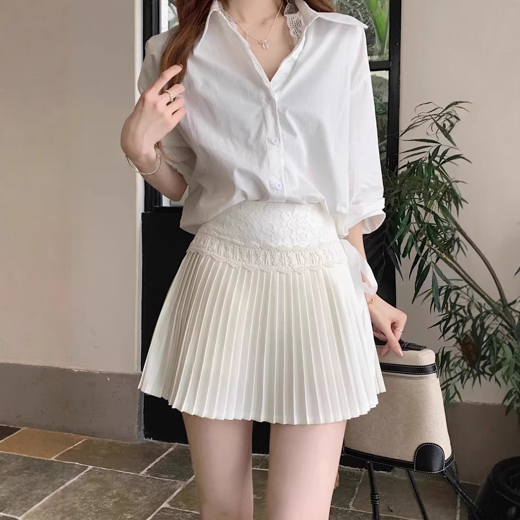 Lace Trim Skirt Women High Waist Pleated Skirt White Mini Skirt Ballet Style Pleated Skirt