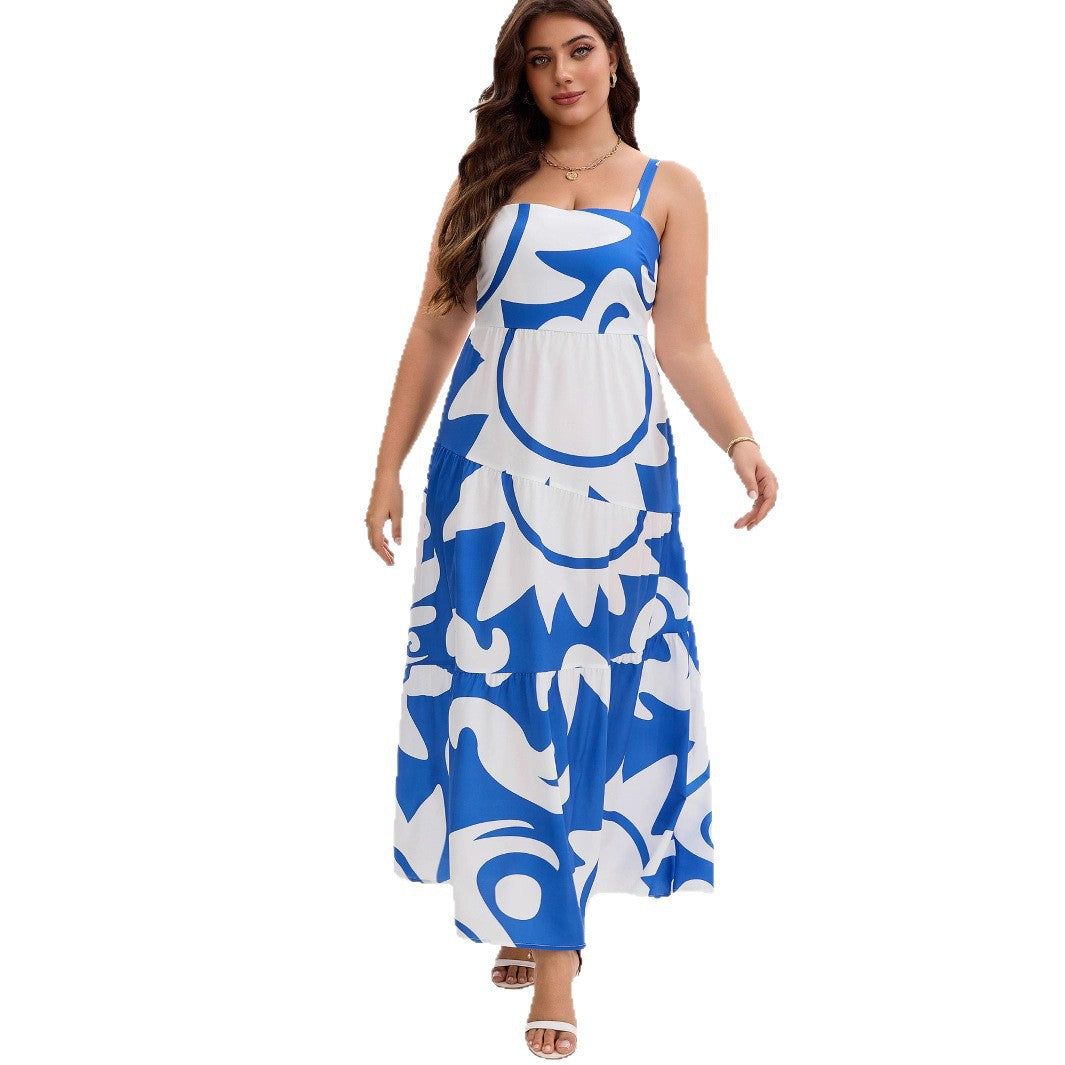 Geometric Print Layered Maxi Strap Dress for Women - Casual Vacation Style, Loose Fit, Oversized Design