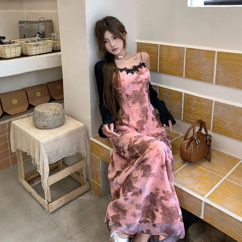 Romantic Lace Patchwork Tie-Dye Strap Dress Set for Women, Summer Lightweight Sun Protection Cardigan, Sweet and Spicy Fitted Long Dress