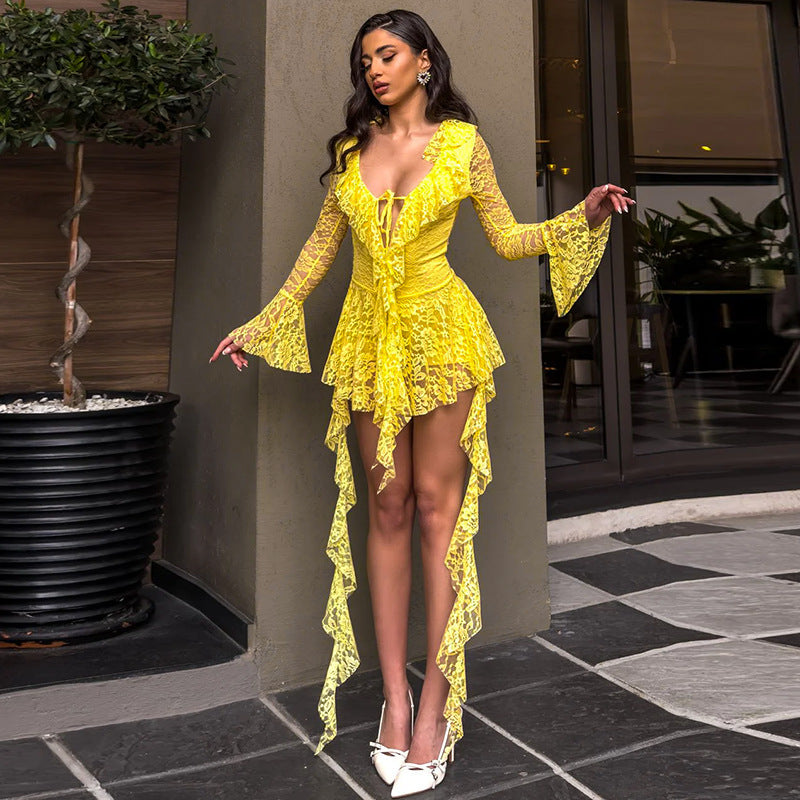 Sexy Lace Ribbon Tie Long Sleeve Flared Sleeve Women's Dress,