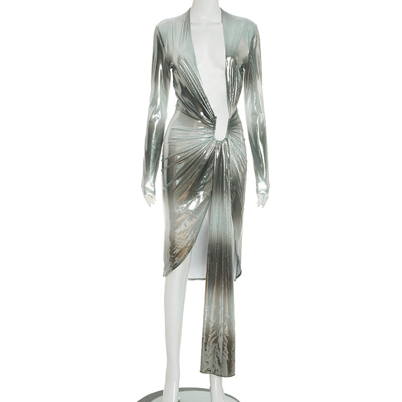 Style Trendy Shiny Design Deep V-Neck Fitted Slit Ribbon Dress