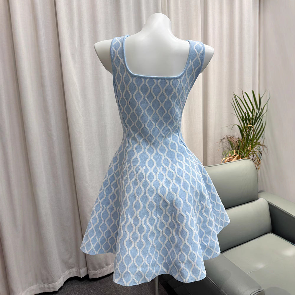 Water Ripple Pattern Sleeveless Strap Neckline A-line Waist-cinching Dress