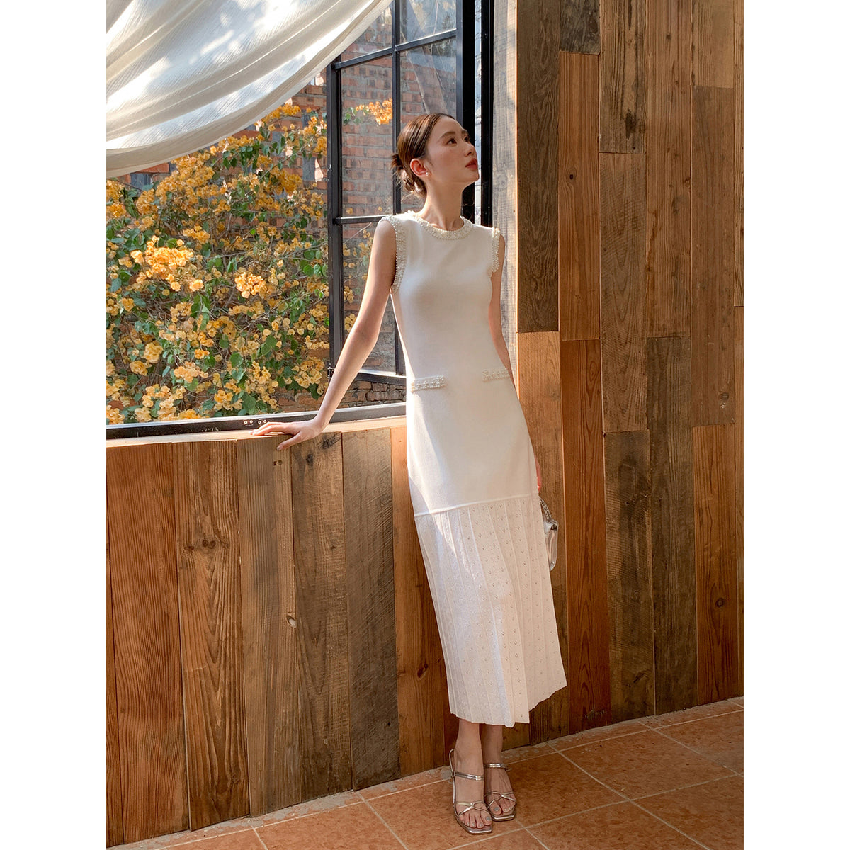 Knitted Pearl Collar Backless Dress Elegant Chic Waist
