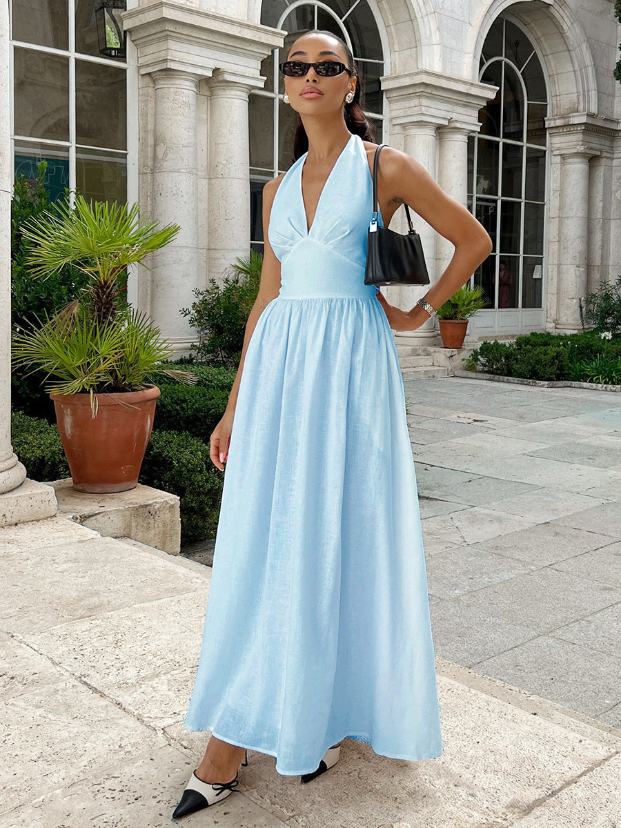 Chic Deep V-Neck Bodice Tie-Back Backless Long Dress for Women