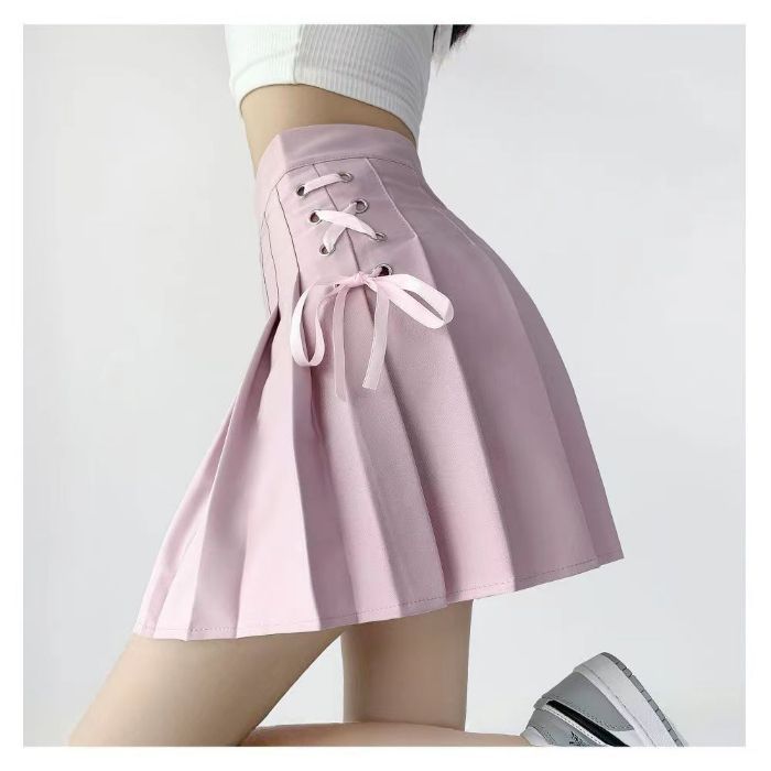 Campus Style Tie Waist Pleated Skirt, High Waist Slim Fit, Pure Color A-Line Mini Skirt, Casual Summer Sporty Look