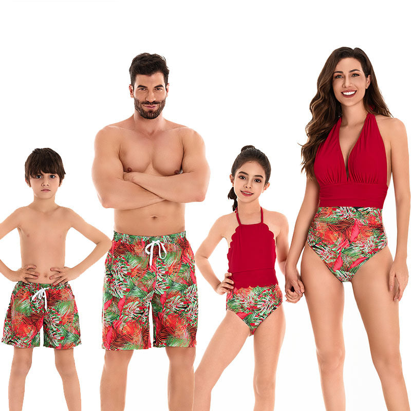 Family Matching Swimwear Set for Parents and Kids, New Style Bikini for Mom and Daughter, Swim Trunks for Dad and Son, Elastic Waist Swimming Suits for Brothers and Sisters