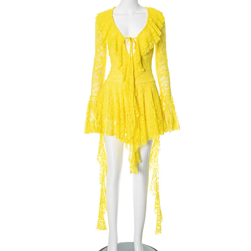 Sexy Lace Ribbon Tie Long Sleeve Flared Sleeve Women's Dress,